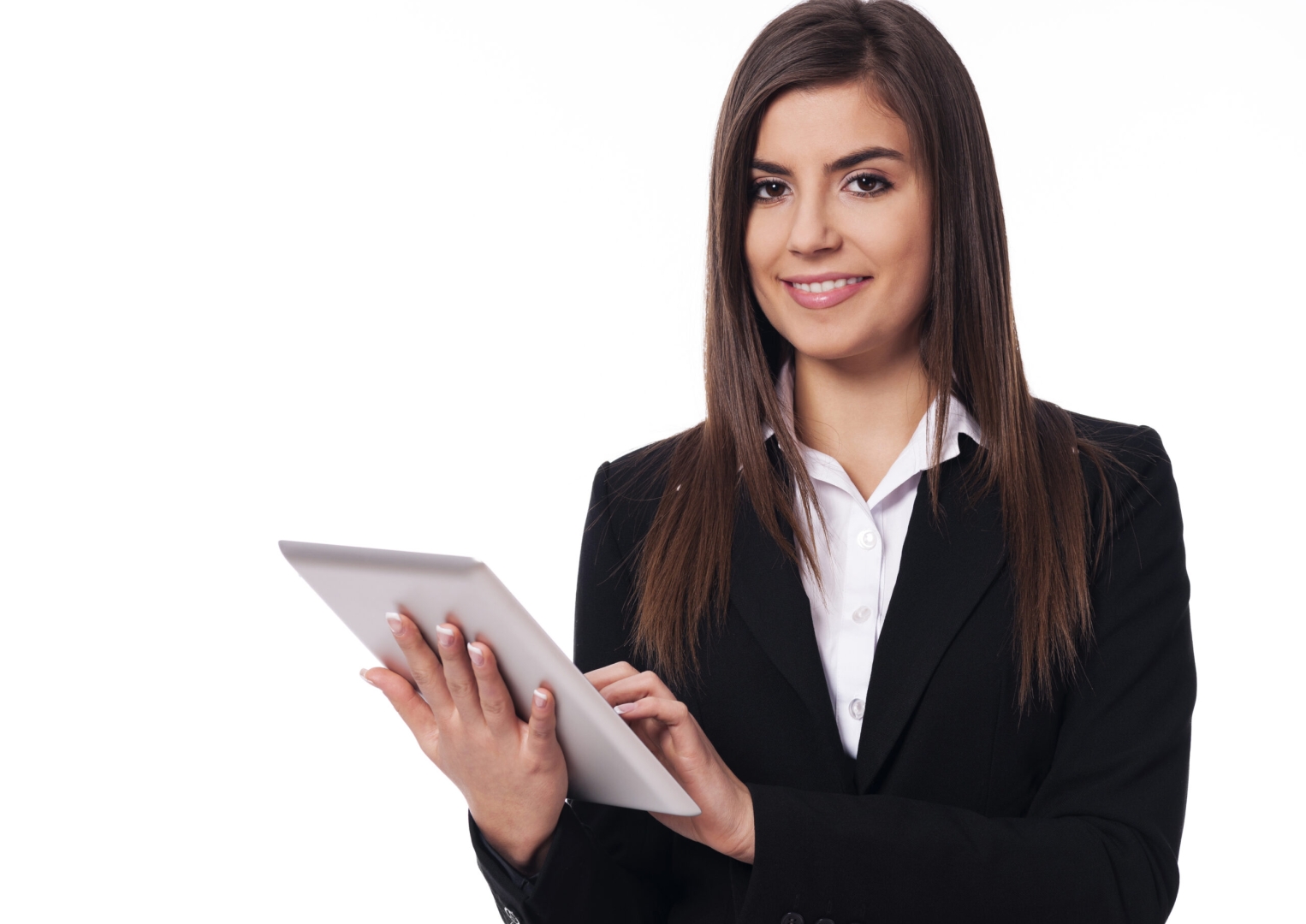 Happy businesswoman using digital tablet